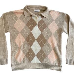 VTG Y2K Argyle Collared Sweater Preppy Cottage Pink Tan size L